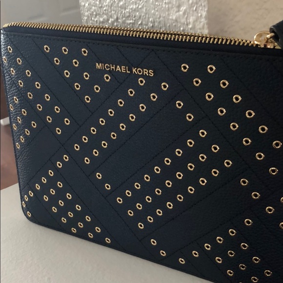 Michael Kors Handbags - Michael Kors Jet Set Travel Clutch-Navy & Gold